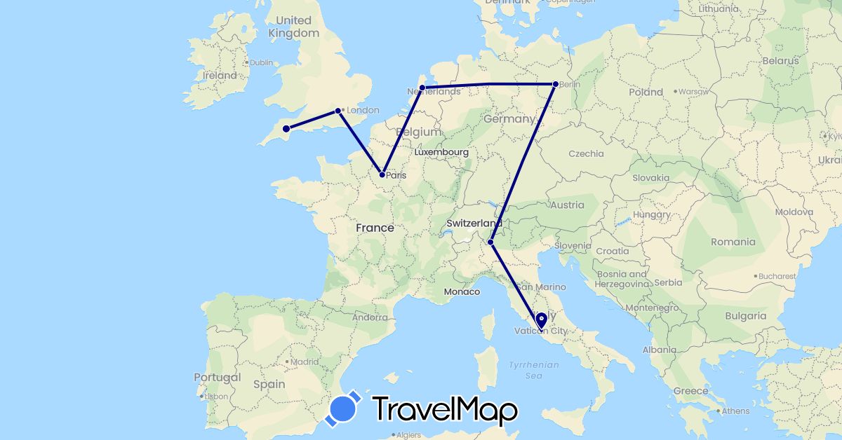 TravelMap itinerary: driving in Germany, France, United Kingdom, Italy, Netherlands (Europe)
